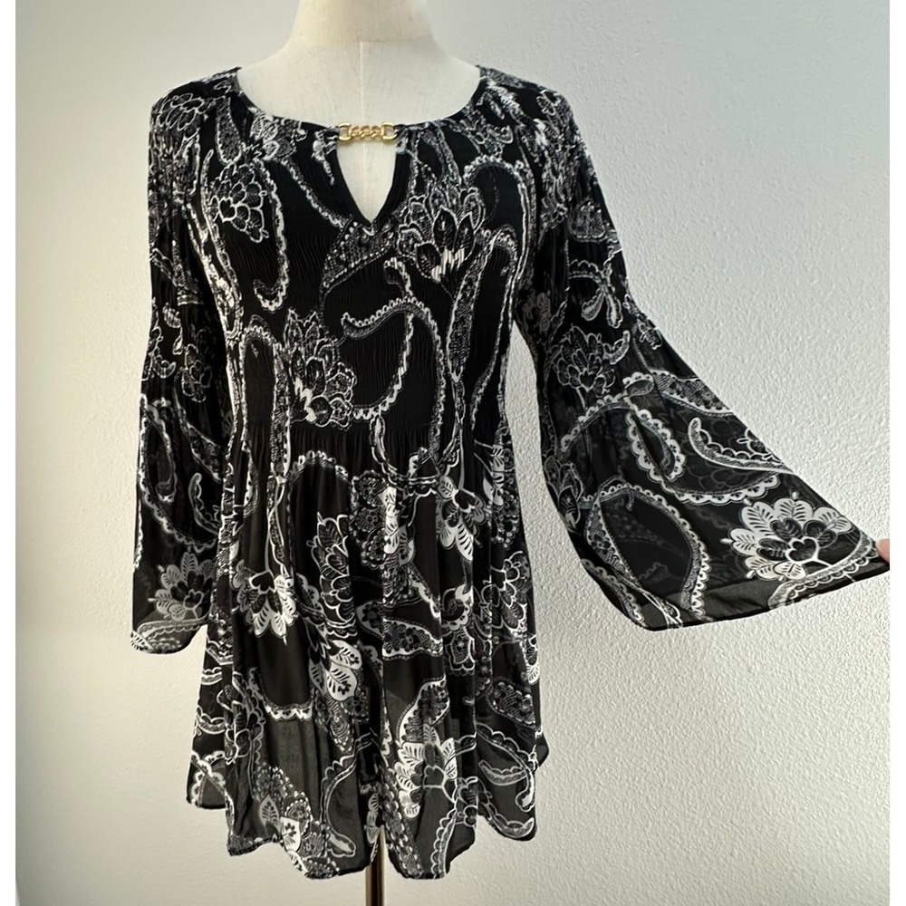 Spense Boho Paisley Tunic Top Bell Sleeve M Black White Fairy Grunge Whimsigoth